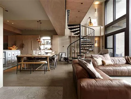 دکور خانه دوبلکس با مبل چرم قهوه ای